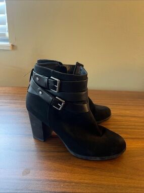Women's Black Suede Ankle Boots with Double Buckle Straps